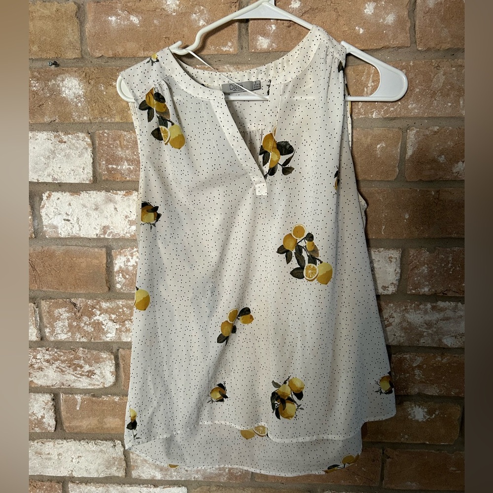Dalia White and Yellow Lemon Print Blouse. Size medium.